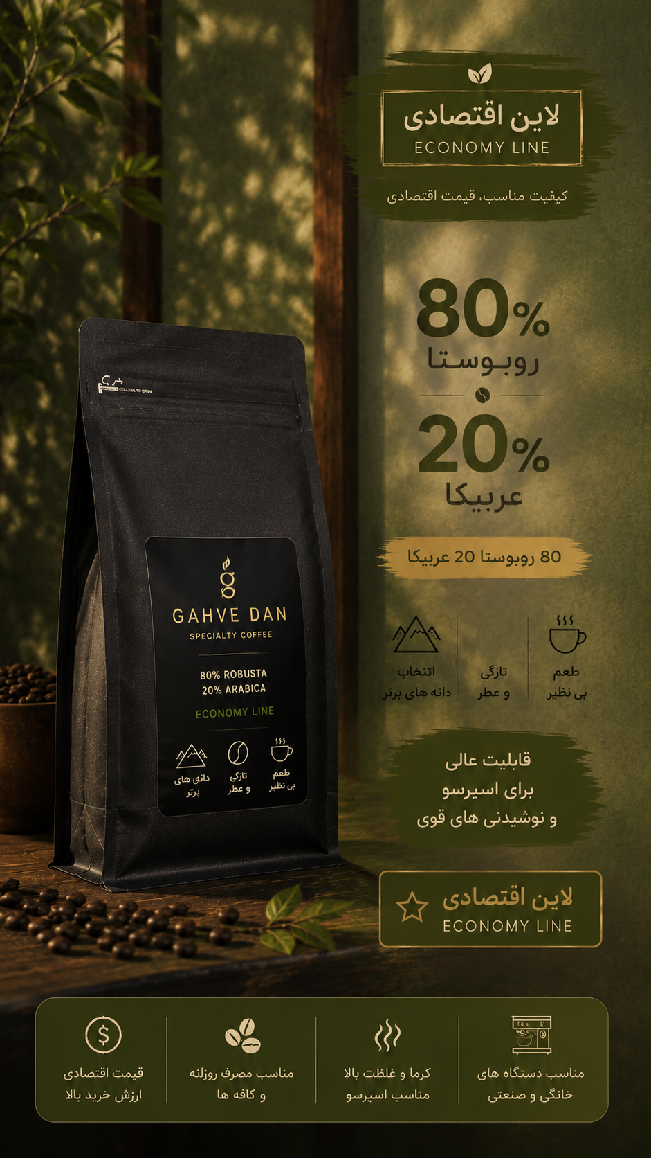 دانه قهوه ۸۰ درصد روبوستا ۲۰ درصد عربیکا اقتصادی Economy 80% Robusta 20% Arabica Coffee Beans خرید دانه قهوه روبوستا عربیکا اقتصادی قهوه اسپرسو ۸۰ روبوستا ۲۰ عربیکا Gahve Dan Economy Robusta Arabica Coffee Beans