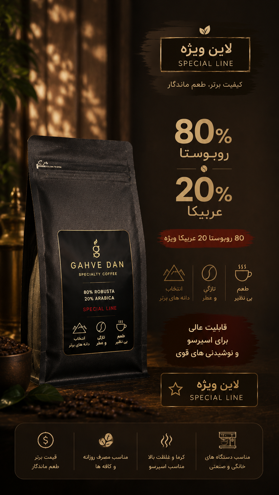 دانه قهوه ۸۰ درصد روبوستا ۲۰ درصد عربیکا پرمیوم Premium 80% Robusta 20% Arabica Coffee Beans خرید دانه قهوه پرمیوم روبوستا عربیکا اسپرسو با دانه قهوه ۸۰ روبوستا ۲۰ عربیکا Gahve Dan Premium Robusta Arabica Coffee Beans